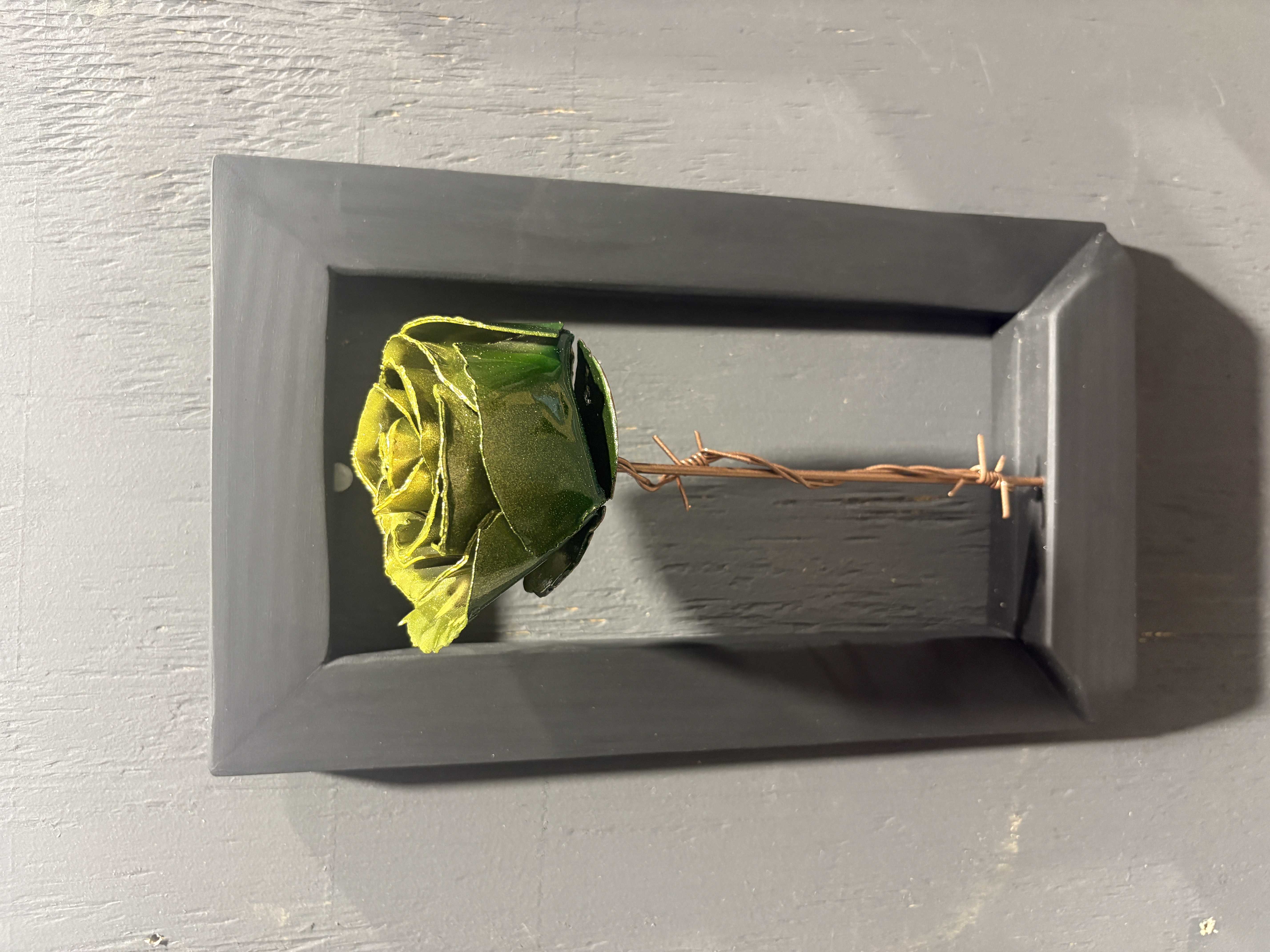 Green and gold handmade metal rose by Wheelie-Slow-Customs