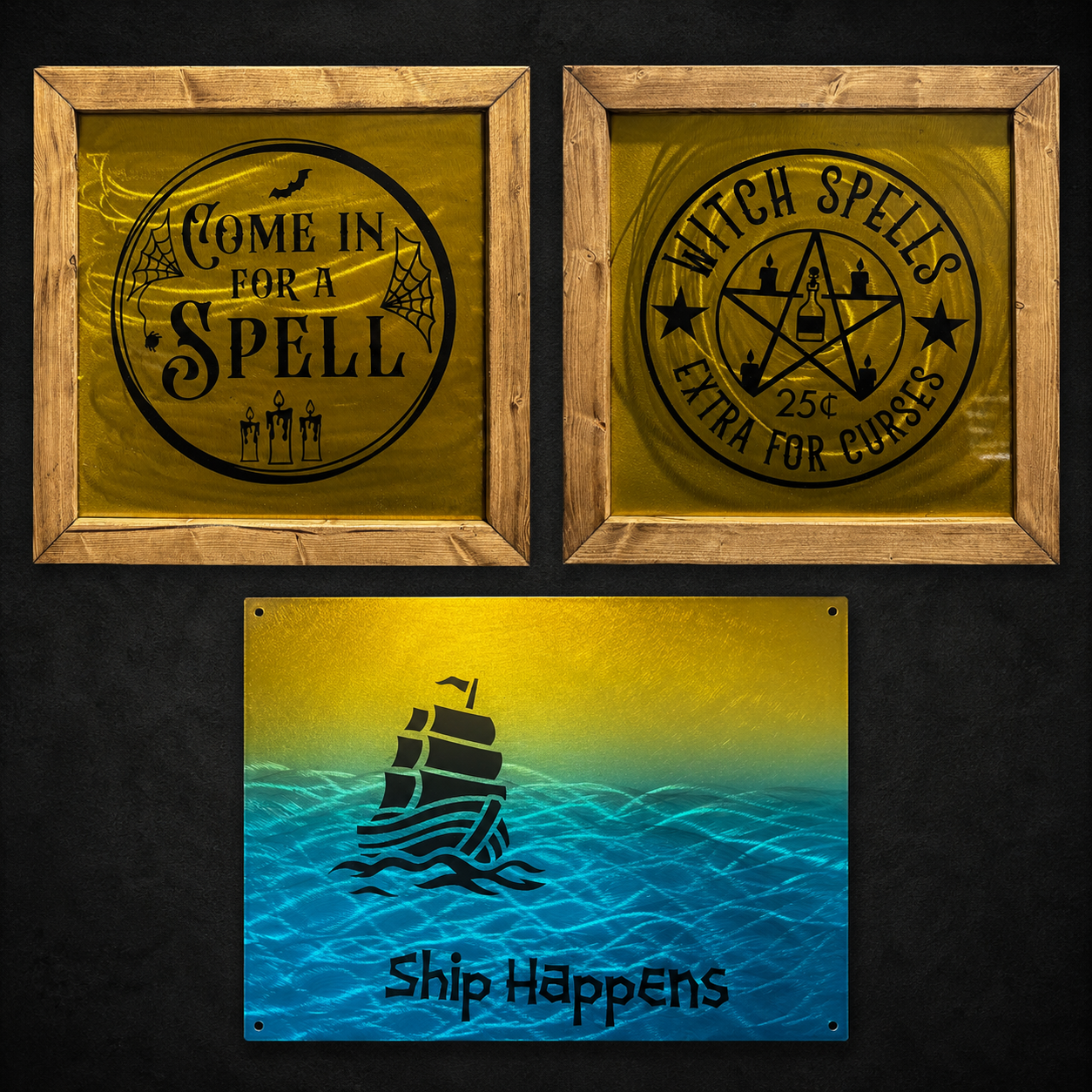 Grounded metal wall art by Hill Works LLC including Come In For A Spell, Witch Spells, and Ship Happens