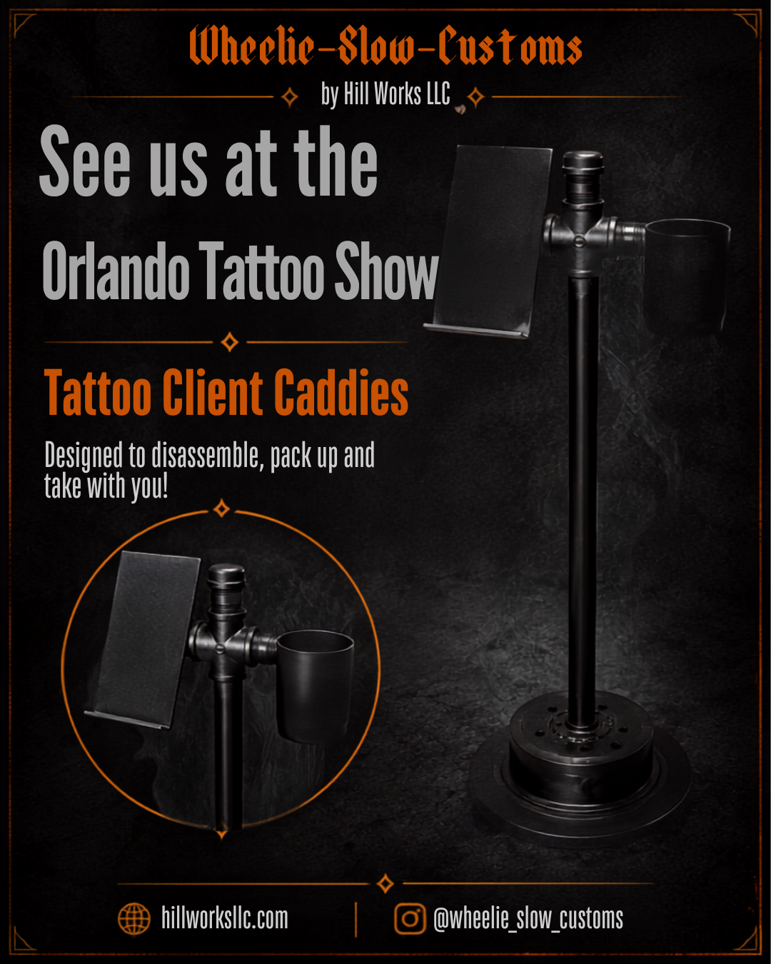 Wheelie-Slow-Customs Orlando Tattoo Show flyer featuring The Roadshow Client Caddy